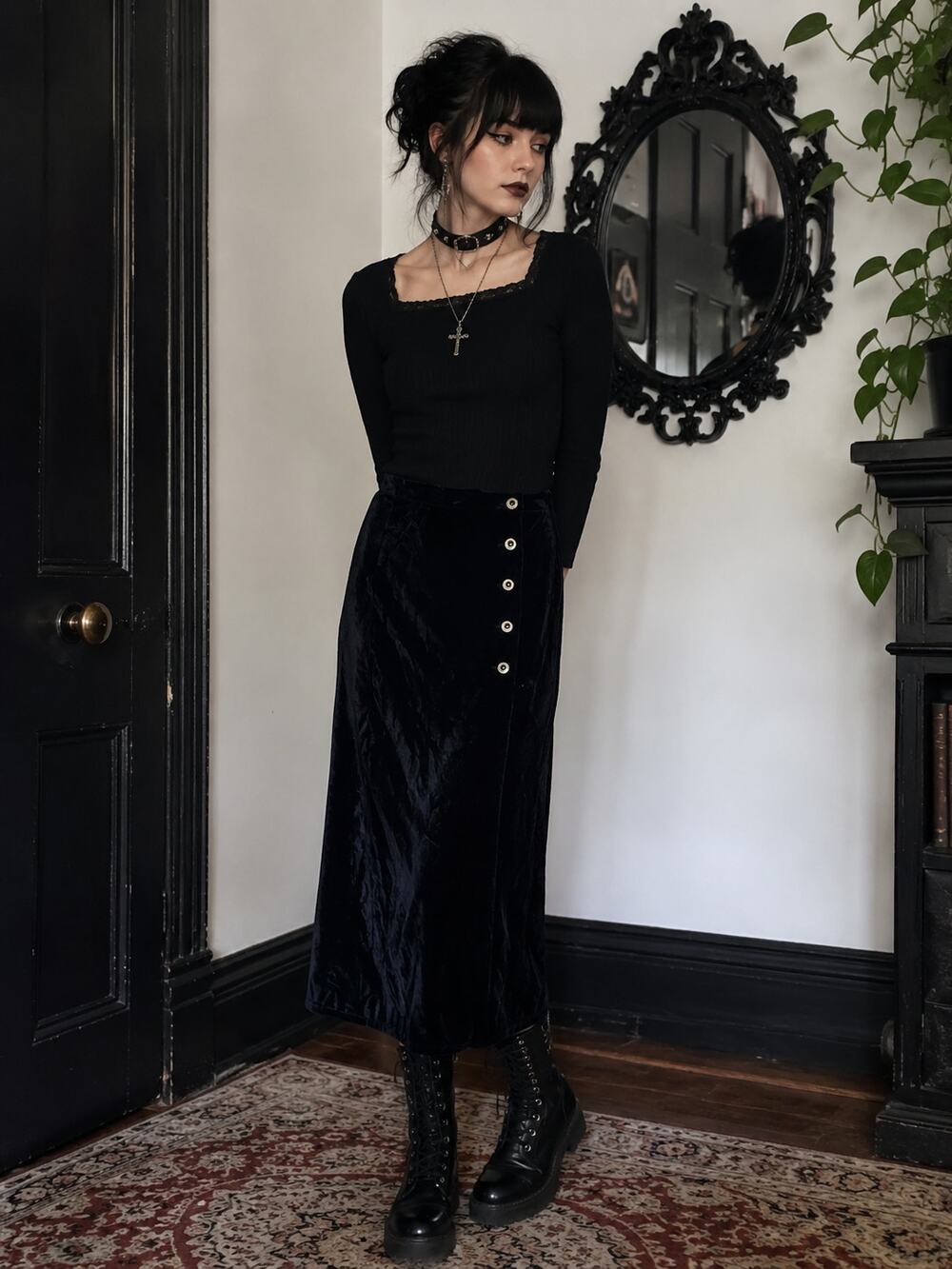 Vintage 90's CONTEMPO Casuals Velvet Midi Skirt GOTH GRUNGE Black DOLL Jrs Small